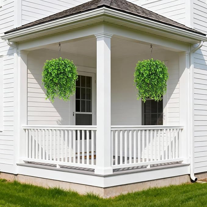 INQCMY Artificial Outdoor Plants Fake Hanging Greenery for Spring Summer Decoration, 4 pcs Realistic Faux Hanging Eucalyptus for Home Outside Garden Porch Patio Planters Basket