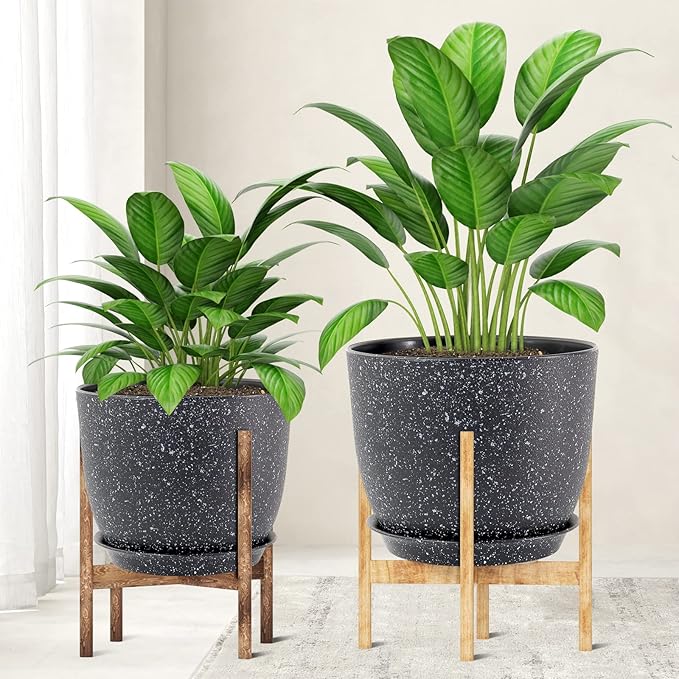 UOUZ 12/10/9 Large Modern Plant Pots, Plastic Planters with Drainage Holes and Saucers for Indoor Outdoor Plants Flowers, Black Speckles