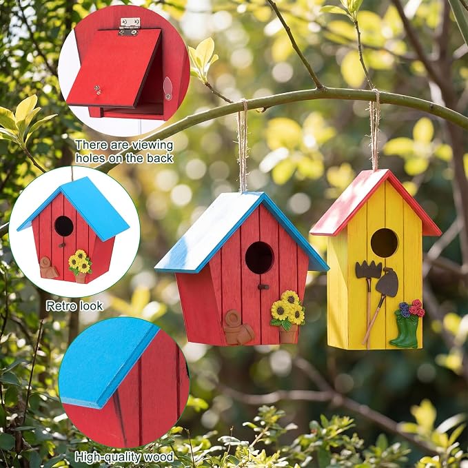 DoubleFill 2 Pcs Birdhouses for Outdoor Hanging Yard Outside Wooden Birdhouse Hand Painted Bird Box for Bird Lovers Bluebird Tree Garden Decor Decorative Birdhouse(Red,Yellow,Wooden Roof)