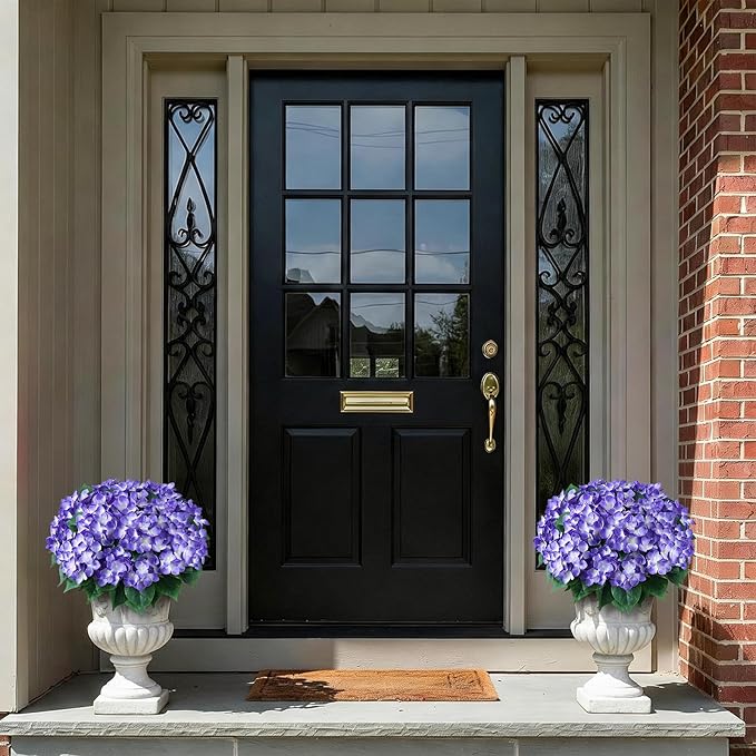 FOTEEWL 16 Bundles Artificial Hydrangea Flowers for Outdoor Decor, Realistic Faux Silk Bouquets Sun-Resistant Fake Plants for Front Door Balcony Farmhouse Garden Home Spring Summer Decor (Purple)