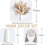 150pcs Pampas Grass + 1 White Ceramic vase + 1 Wood Bead Garland , Boho Home Decor Bouquet Phragmites Dried Flowers Bouquet for Wedding Floral Arrangements Home Decorations