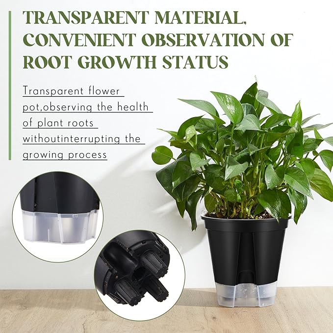 Wonderjune Self Watering Pots for Indoor Plants with Deep Reservoir and High Drainage Holes for Outdoor Plants and Flowers, Bare Root Planter(5.91'',Black,9 Pcs)