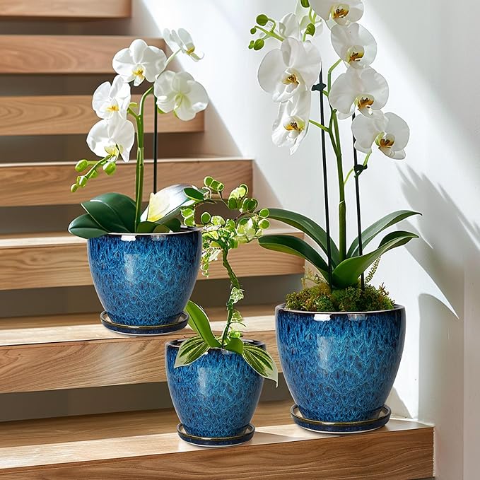 Plant Pots Indoor, Ceramic Planters Pots with Drainage Holes and Saucers, 10+8+6 Inch, Set of 3, Round Large Flower Pots for Indoor Outdoor Plants, Blue