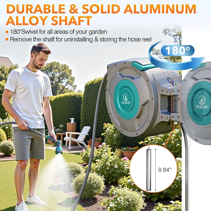 5/8" x 100 ft Retractable Garden Hose Reel, Heavy Duty Water Hose Reel Wall Mounted, Any Length Lock, 180°Swivel, Water Hose with 10-Function Nozzle for Cleaning, Watering (Green)