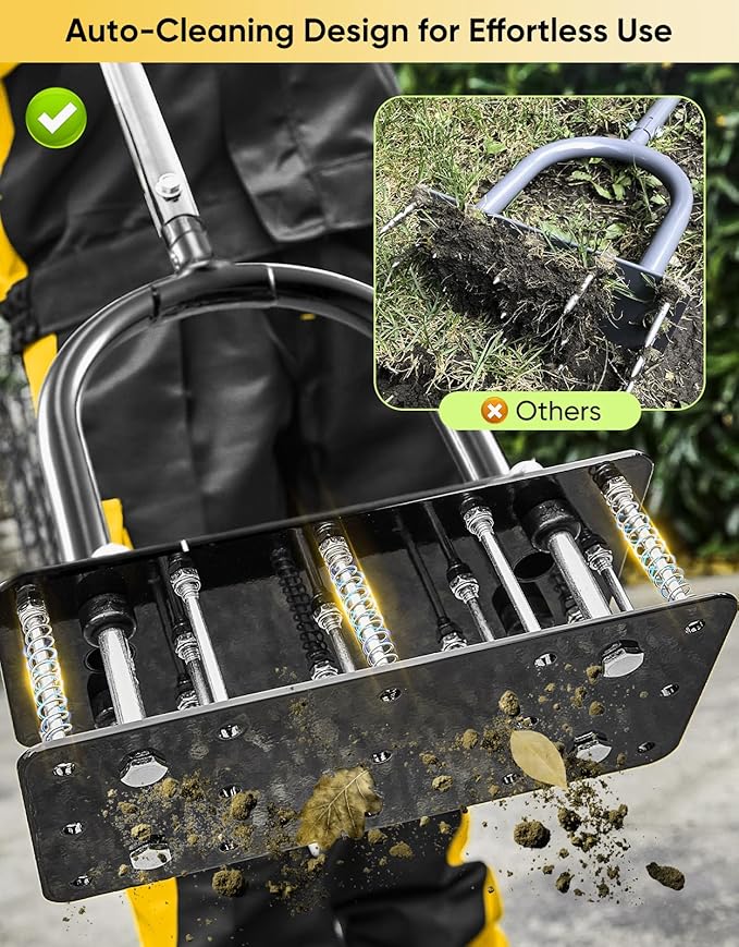 Sakerplus Aerator Lawn Tool, Hand Metal Spike Lawn Aerator with Rebounce Spring Base, Automatic Leaf and Dirt Cleaning, Grass Aerator for Lawn Care, Soil Loosening, Yard Aerating (Black Handle)