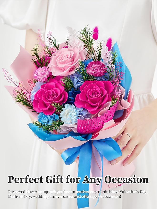 Preserved Flowers Bouquet, Forever Flowers for Delivery, Mothers Day Long-Lasting Real Roses Bouquet, Anniversary Birthday Flowers Gifts for Mom Grandma Women Wife Her (Blue)