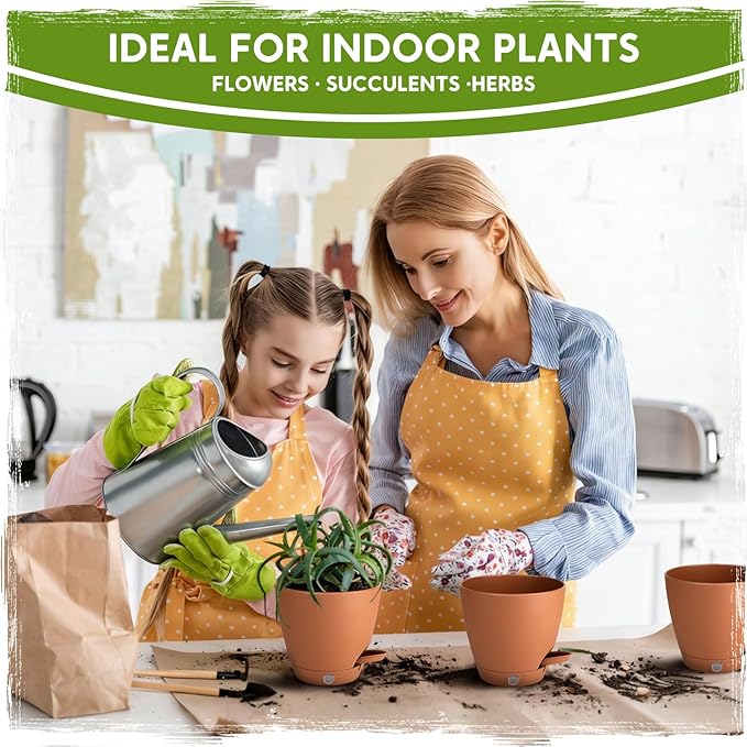 5 Pack 6 Inch Self Watering Planters for Indoor Plants, Automatic Watering Pots for Busy Plant Parents & Vacation, Decorative Modern Flower Pots with Drainage & Saucers (Terra Cotta, 6 inch)