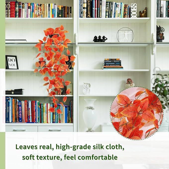3 Pack Artificial Fall Plants Hanging Orange Vines Potted Fall Foliage Fake Pothos Trailing Plant Autumn Decoration for Indoor Outdoor Thanksgiving Bathroom Wall Kitchen Room Shelf Decor (Black Pot)