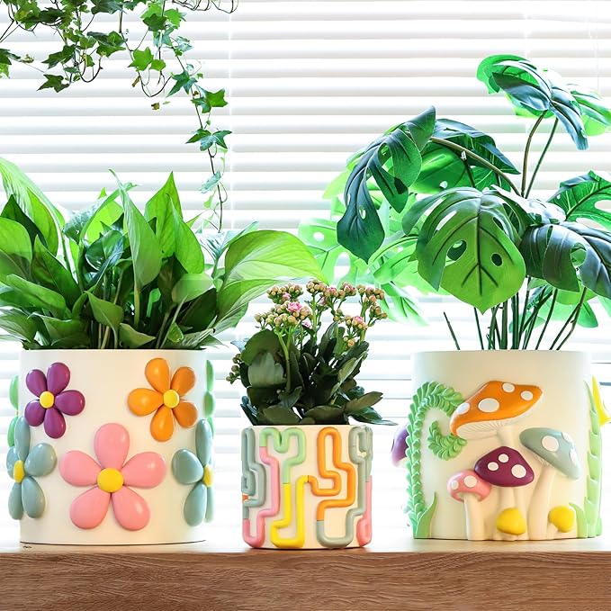 GUGUGO 8 Inch Pastel Lines Planters, Cute Unique Rainbow Planter with Drainage, Vintage Retro Eclectic Flower Plant pots for Indoor Plants and Succulent,Funny Boho Modern Home Décor