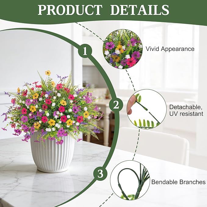 ADXORA Artificial Fake Flowers for Outdoor Decoration 12 PCS Faux Silk Daisy Flowers for Outdoor Planters Fern Boxwood Monkey Grass UV Resistant for Outside Home Porch Patio Planter Decor