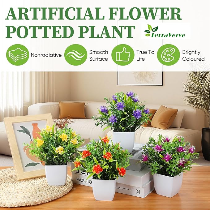 TerraVervre Fake Plants 4 Packs,Small Artificial Plants with Flowers, for Bathroom, Office,Home,Conference Table Decor, Indoor Desk Decor