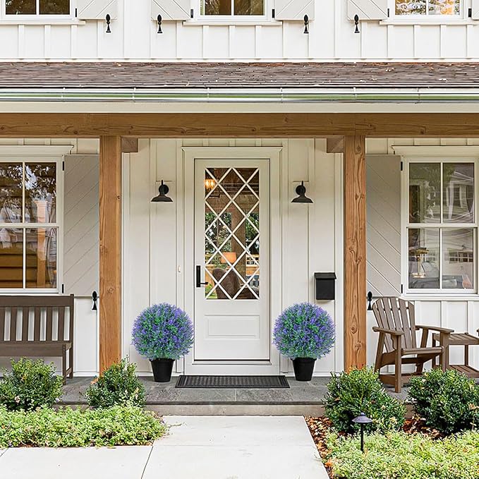 25.6" Artificial Lavender Topiary Ball Plants, 2 Pack Faux Bushes with Spike – UV Resistant & Fade Resistant Artificial Shrubs, Spring Artificial Plants for Indoor Outdoor Front Porch Garden