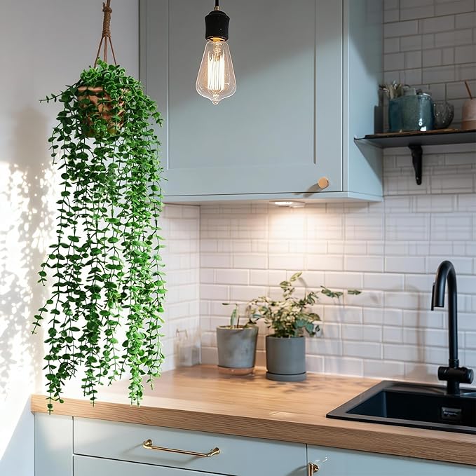 2 Pcs Faux Eucalyptus Vine Ivy Vine Artificial Hanging Plant Faux Plant Fake Potted Greenery for Wall Living Room Home Shelf Office Bathroom Outdoor Indoor Decor (Type 1)
