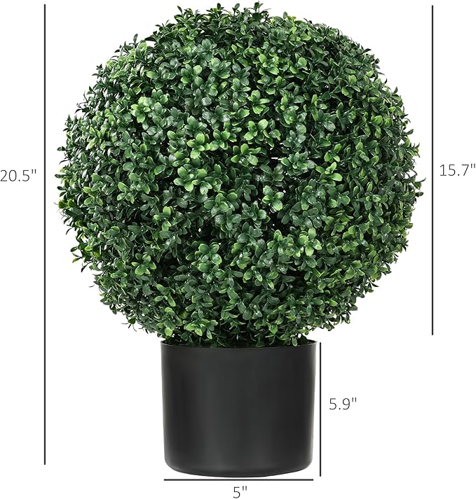 HOMCOM Set of 2 20.5" Artificial Ball Boxwood Topiary Trees with Pot, Indoor Fake Plants for Home Office & Living Room Decor