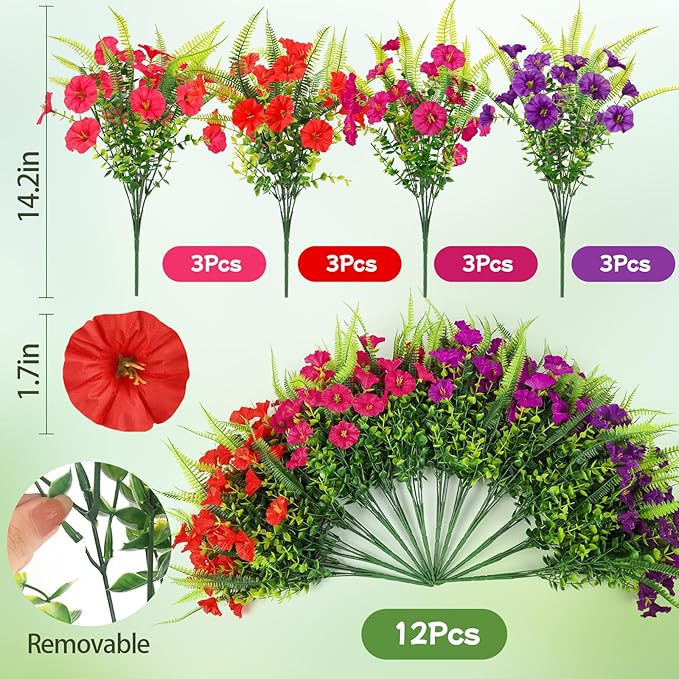 Artificial Flowers for Outdoors 12 Bundles Artificial Petunias Fake Flowers UV Resistant Shrubs Plants with Fern for Indoor Outside Hanging Planters Home Garden Spring Summer Decorations