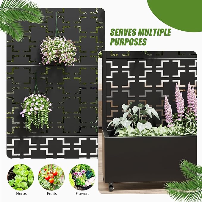 Casaphoria Metal Raised Garden Bed with Trellis and Wheels, 72"x47"x16" Planter Box for Climbing Plants, Vegetables & Vines, Features Drainage Holes and Privacy Screen (Black-Square)