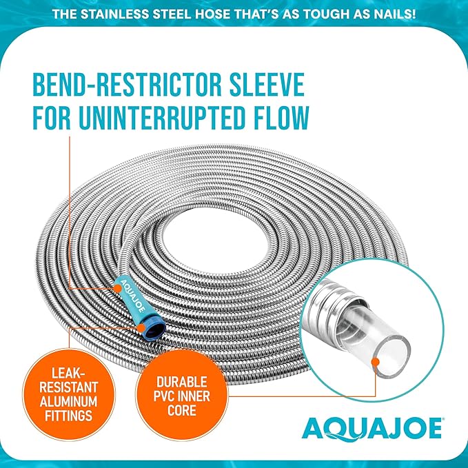 Aqua Joe AJSGH75 1/2-Inch Heavy-Duty, Puncture Proof Kink-Free, Spiral Constructed 304-Stainless Steel Metal, Garden Hose, 75-Foot