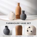Ceramic Vase Set, Small Rustic Distressed Flower Vases in Pottery Decor, Modern Boho Farmhouse Decor for Pampa Grass, Dried & Fresh Flower, Decorative Vase for Living Room, Kitchen, Entryway, Rust Red
