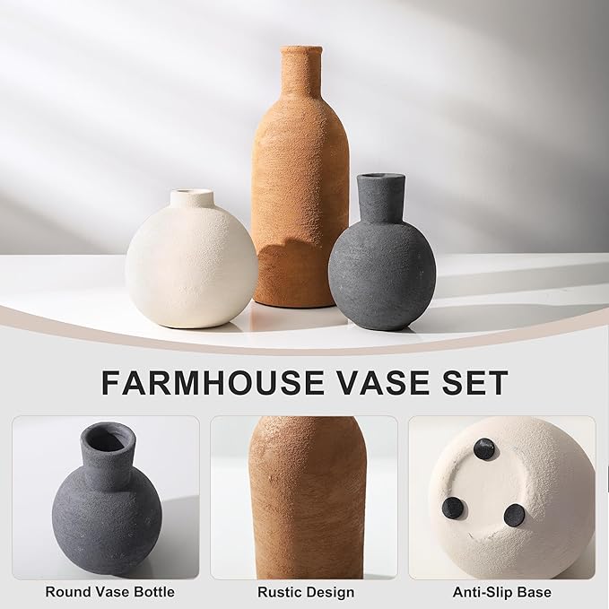 Ceramic Vase Set, Small Rustic Distressed Flower Vases in Pottery Decor, Modern Boho Farmhouse Decor for Pampa Grass, Dried & Fresh Flower, Decorative Vase for Living Room, Kitchen, Entryway, Rust Red