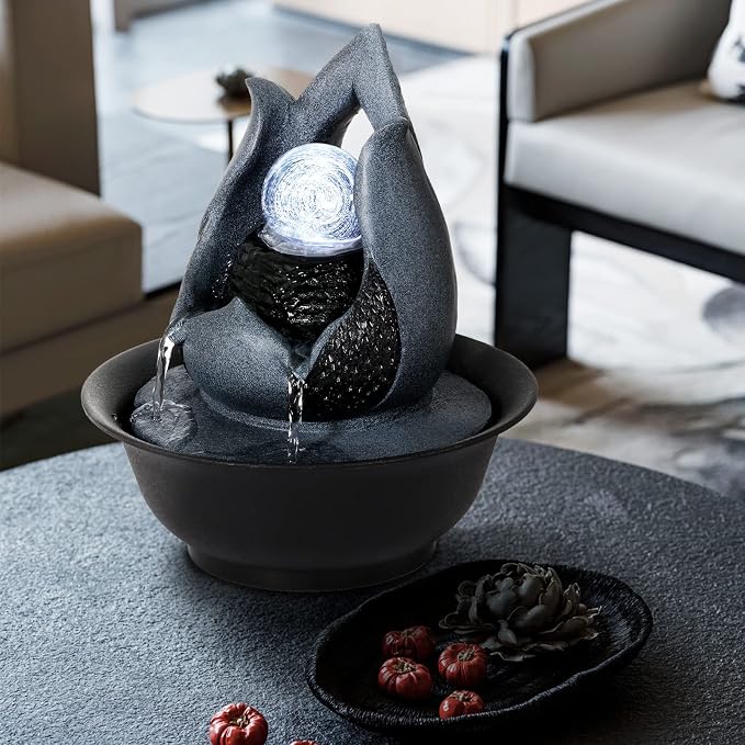 WICHEMI Tabletop Fountain Warer Fountains Indoor Waterfall Fountain Indoor Relaxing Water Feature Meditation Fountains with LED Light for Home Office Bedroom Decor (Style 12)