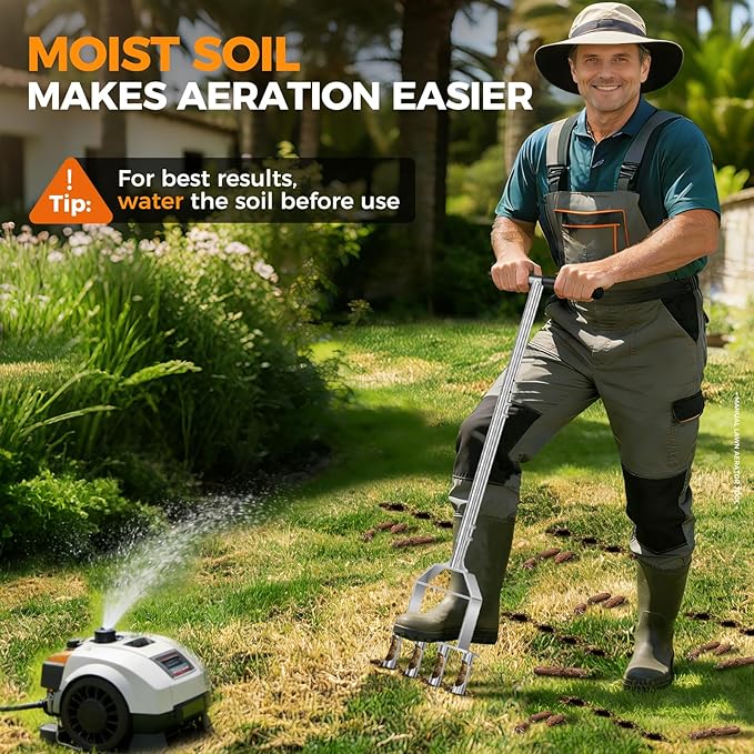Suntee Lawn Aerator Tool, All Stainless Steel Manual Core Aerator Lawn Tool with 4 Hollow Tines, Adjustable Height Semi-Assembled Heavy Duty Steel Grass Aeration for Lawn Care, Silver