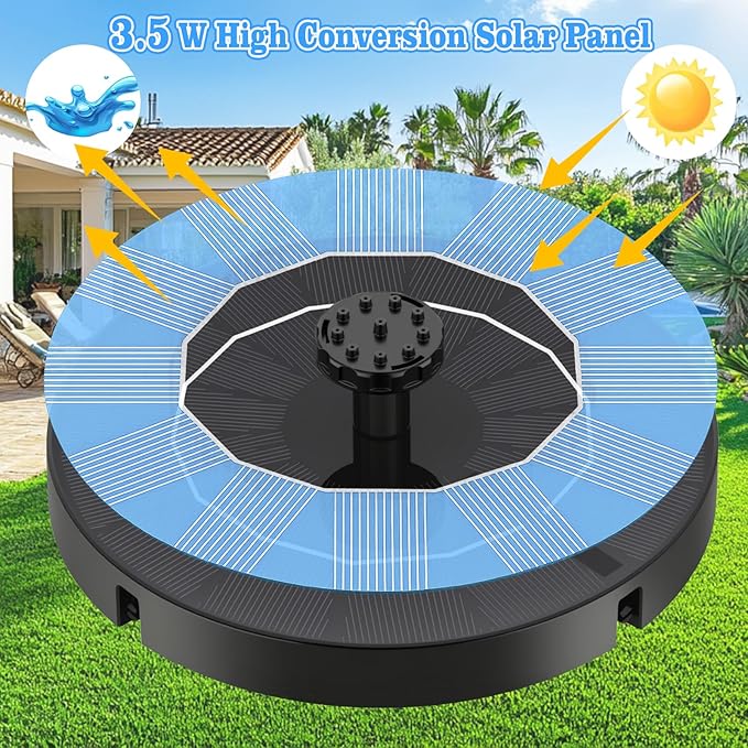 Yeomi 3.5W Solar Bird Bath Fountain, Solar Water Fountain Pump with 6 Nozzles 4 Fixed Stakes, Upgraded Solar Powered Water Fountain for Bird Bath, Garden, Patio, Pond, Fish Tank, Outdoor Decor