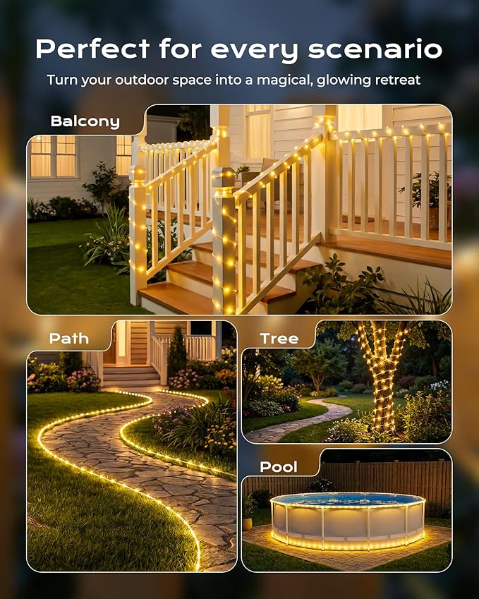 Brightown Solar Rope Lights, 2 Pack Total 78FT 200LED Warm White Solar String Lights Outdoor, IP65 Waterproof Solar Powered Fairy Lights with 8 Lighting Modes for Yard Garden Patio Tree Decoration