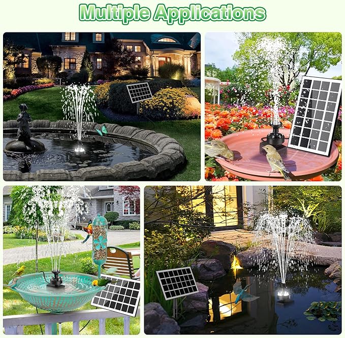 Jutai Solar Fountain Kit White Lights,3.5W Glass Solar Water Pump with 2000mAH Battery, Solar Bird Bath Fountain with Sucker and Stake for Garden, Outdoor, Water Feature-16.4ft Power Cord,7 Nozzles
