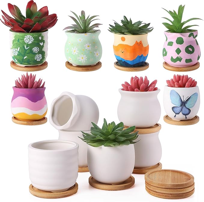 Remerry 12 Pcs 3.5 Inch Mini Succulent Pots with Bamboo Tray White Ceramic Pots Color Your Own DIY Small Planters Containers for Flower Cactus with Drainage Hole for Plant Lover