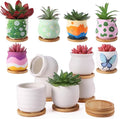 Remerry 18 Pcs 3.5 Inch Mini Succulent Pots with Bamboo Tray White Ceramic Pots Color Your Own DIY Small Planters Containers for Flower Cactus with Drainage Hole for Plant Lover