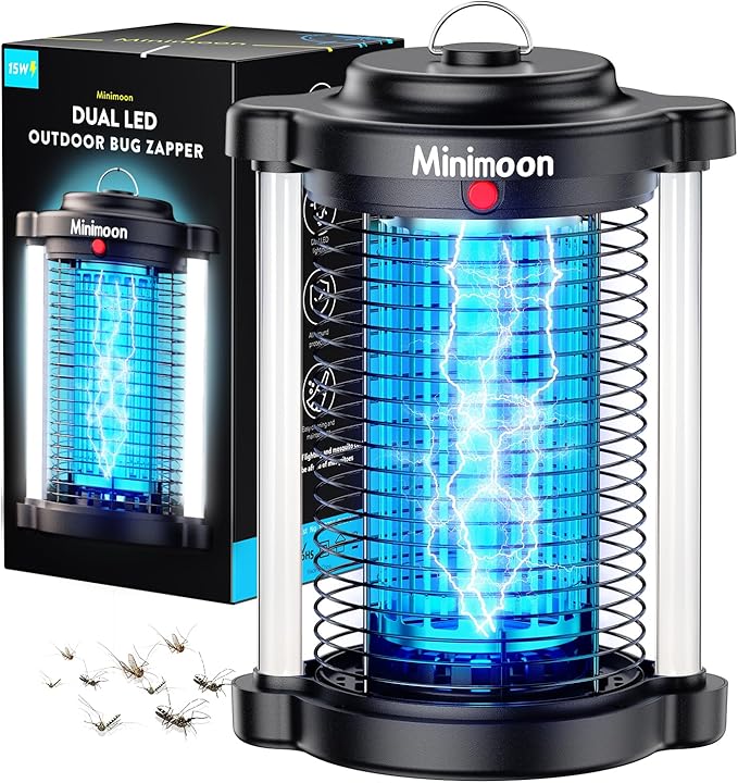 Minimoon Bug Zapper Outdoor, Upgraded Mosquito Zapper with Dual LED Light, 4200V Fly Zapper, 15W Electric Fly Traps Outdoor, IPX4, 8.2Ft Cord, Insect Trap for Yard, Backyard, Patio