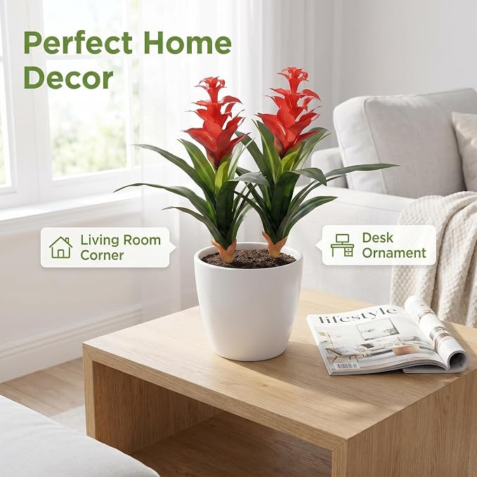 Artificial Flowers for Outdoors, Fake Bromeliad Flowers, Real Touch Fake Plant, Fake Flower for Decor Living Room Home Office Desk, 18 inch, 2 Pcs No Pot (Red)