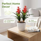 Artificial Flowers for Outdoors, Fake Bromeliad Flowers, Real Touch Fake Plant, Fake Flower for Decor Living Room Home Office Desk, 18 inch, 2 Pcs No Pot (Red)
