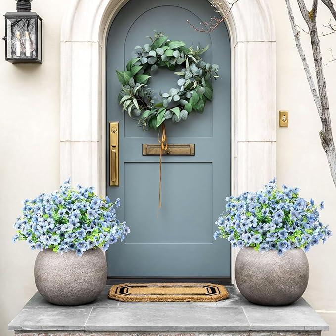 ATTGREAT Artificial Flowers Outdoor Faux Plants UV Resistant Fake Patio Flowers Plastic Greenery Plnats Outside Bulk for Spring Garden Hanging Planter Home Vase Decor, 24 Bundles (Blue)