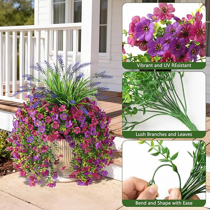 Artificial Fake Hanging Flowers Plants for Outdoor Outside Decoration, Faux Silk Daisy Flower Realistic UV Resistant for Front Porch Patio Balcony Garden Yard Indoor Planter Home Decor(Purple Pink)