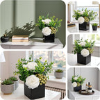 LADADA Artificial White Peony Flowers with Eucalyptus and Green Berries in Black Square Vase - Fake Floral Arrangement for Home Decor, Table Centerpiece, Bathroom, Office, Wedding, Minimalist Decor