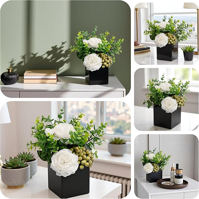 LADADA Artificial White Peony Flowers with Eucalyptus and Green Berries in Black Square Vase - Fake Floral Arrangement for Home Decor, Table Centerpiece, Bathroom, Office, Wedding, Minimalist Decor
