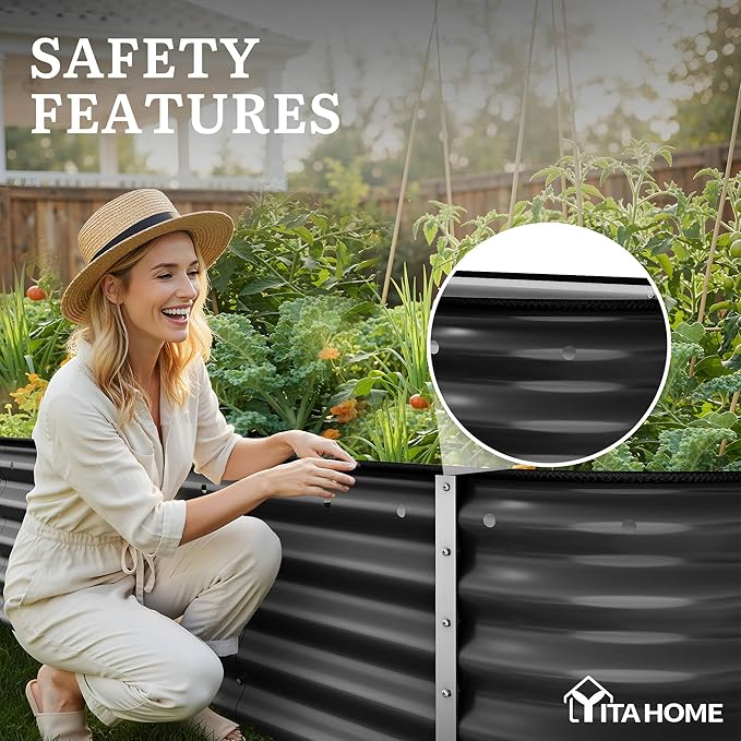 YITAHOME 8x2x1.5ft Large Raised Garden Bed Kit, 17" Tall 9 in 1Galvanized Metal Planter Box with Gloves & Safety, Outdoor Above Ground Planters for Plants Vegetables Flowers, Black