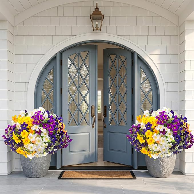 32 Pcs Faux Petunias Artificial Flowers For Outdoors, UV Resistant Fake Petunias Plants Realistic Silk Flowers for Porch Front Door Garden Window Outside Decor (32, White,Yellow,Purple,RedViolet)