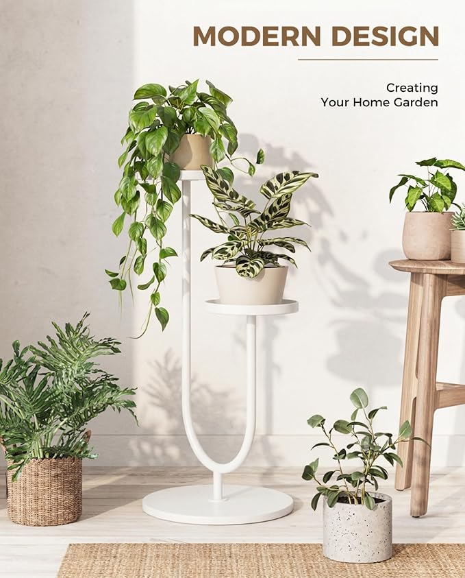 Bamworld Metal Plant Stand Indoor Corner Plant Stands 2 Tier Plant Shelf for Tall Plant Holder Black Plant Shelves for Living Room Bedroom Midcentury Modern Home Decor(White)