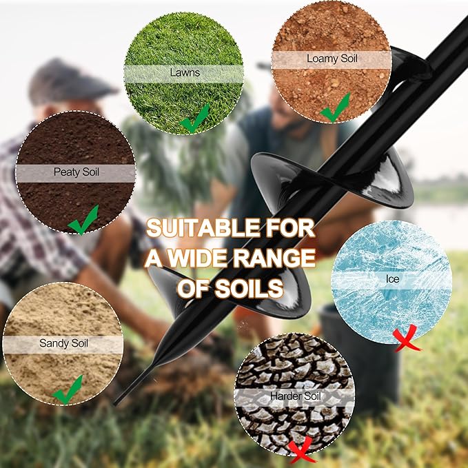 2 in 1 Hand Auger Spiral Drill for Planting, 4 X 44.5inch Post Hole Digger Manual Auger for Fence Posts, Sand, Bulb, Seedlings, Tree, Mail Box, Manual Garden Spiral Hole Digging Drill with Non-Slip.