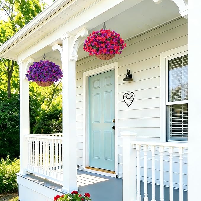 Artificial Hanging Flowers Plant with Basket for Outdoors Spring Decor, Fake Hanging Plants Silk Bougainvillea in Planter Look Real UV Resistant Faux Flower for Outside Porch Patio Garden Home, Mix