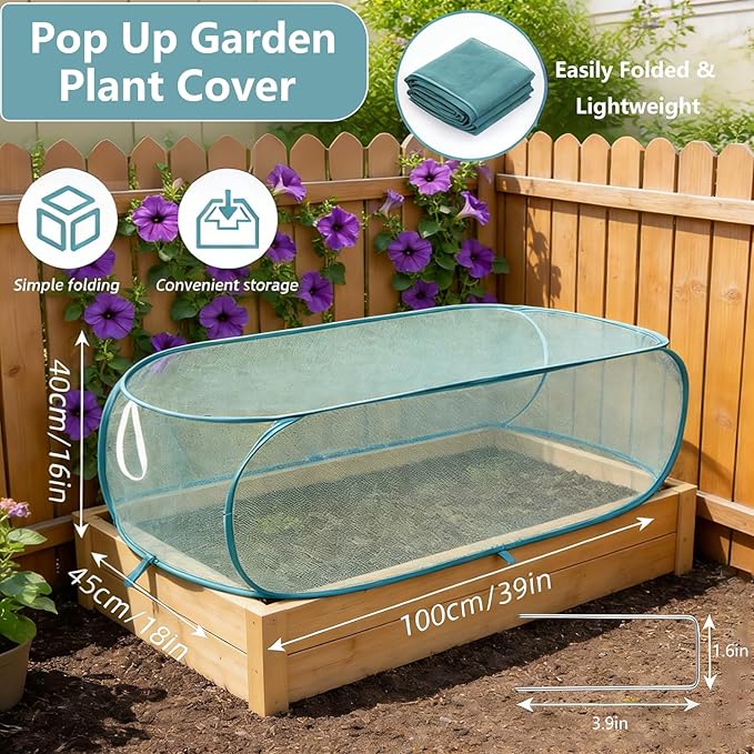 4 Pcs 39" x 18" x 16" Pop Up Garden Plant Covers,Mesh Plant Protector for Raised Garden & Flower Bed,Net Cage Plant Guard for Fruits, Vegetables, Seedlings and Herbs, 32 Ground Stakes for Fixing