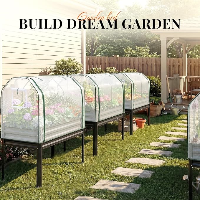 KING BIRD Large Raised Garden Bed with Cover Galvanized Elevated Planter Box with Legs 48×24×56 in for Backyard, Patio, Balcony, 400lb Capacity, Dark Grey