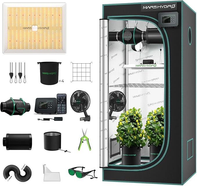 MARS HYDRO 3x3 Smart Grow Tent Kit with WiFi-Integrated Controller 43,150W TS1000 LED Programmable&Dimmable Grow Light,32"x32"x63" 1680D High Reflective Mylar,4 inch Automatic Ventilation kit