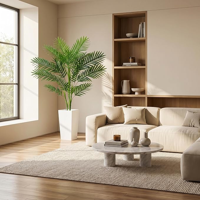 Garvee 4.2FT Artificial Palm Tree, Tall Faux Tropical Areca Plants with White Tall Planter, Fake Potted Tree with Lifelike Leaves for Indoor Living Room Bedroom Home Office Decor
