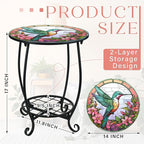 Outdoor Side Table Round Small Mosaic Patio Accent Indoor End Plant Metal Coffee Tea Table for Yard Porch Garden Patio Living Room, Bedroom(Hummingbird Style,14 Inch)