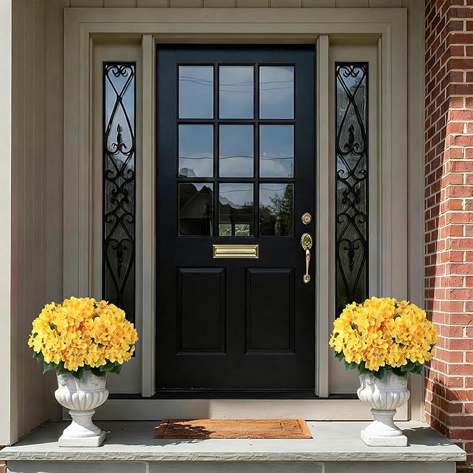 FOTEEWL 16 Bundles Artificial Hydrangea Flowers for Outdoor Decor, Realistic Faux Silk Bouquets Sun-Resistant Fake Plants for Front Door Balcony Farmhouse Garden Home Spring Summer Decor (Yellow)