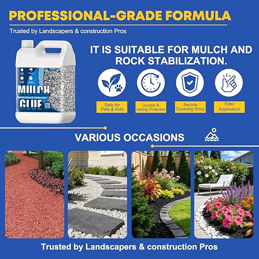 Mulch Glue 2 Gallon - Ready to Use Rock Glue for Landscape - Pet Safe & Plant Safe, Fast-Dry No Dilution - Spray for Gravel/Pebbles/Stones for Outdoor Gardens