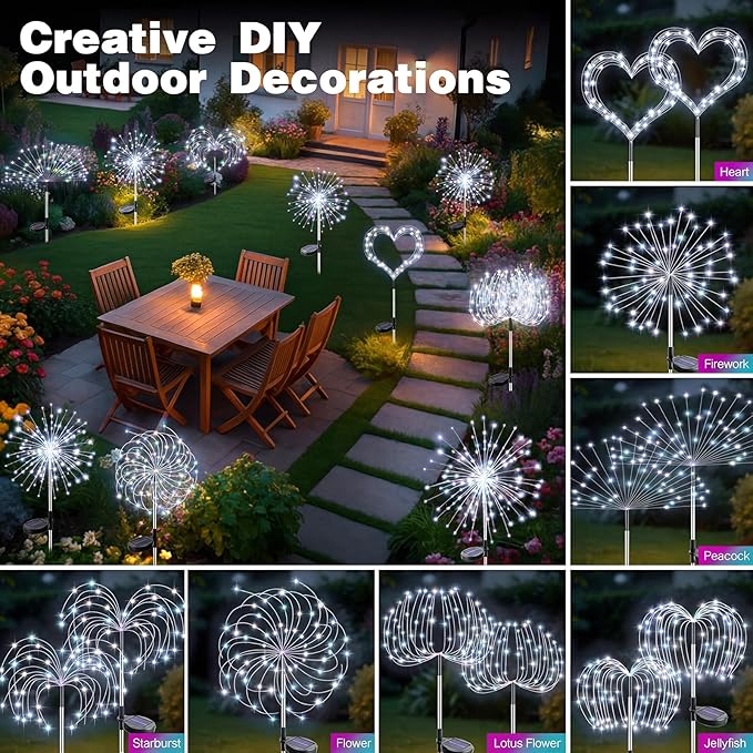 btfarm 2 Pack 120 LED Solar Garden Lights Outdoor, 8 Modes Firework Lights Solar Powered, Waterproof Twinkle Fairy Light Outside for Yard Patio Pathway Pool Christmas Party Decorative, Cool White